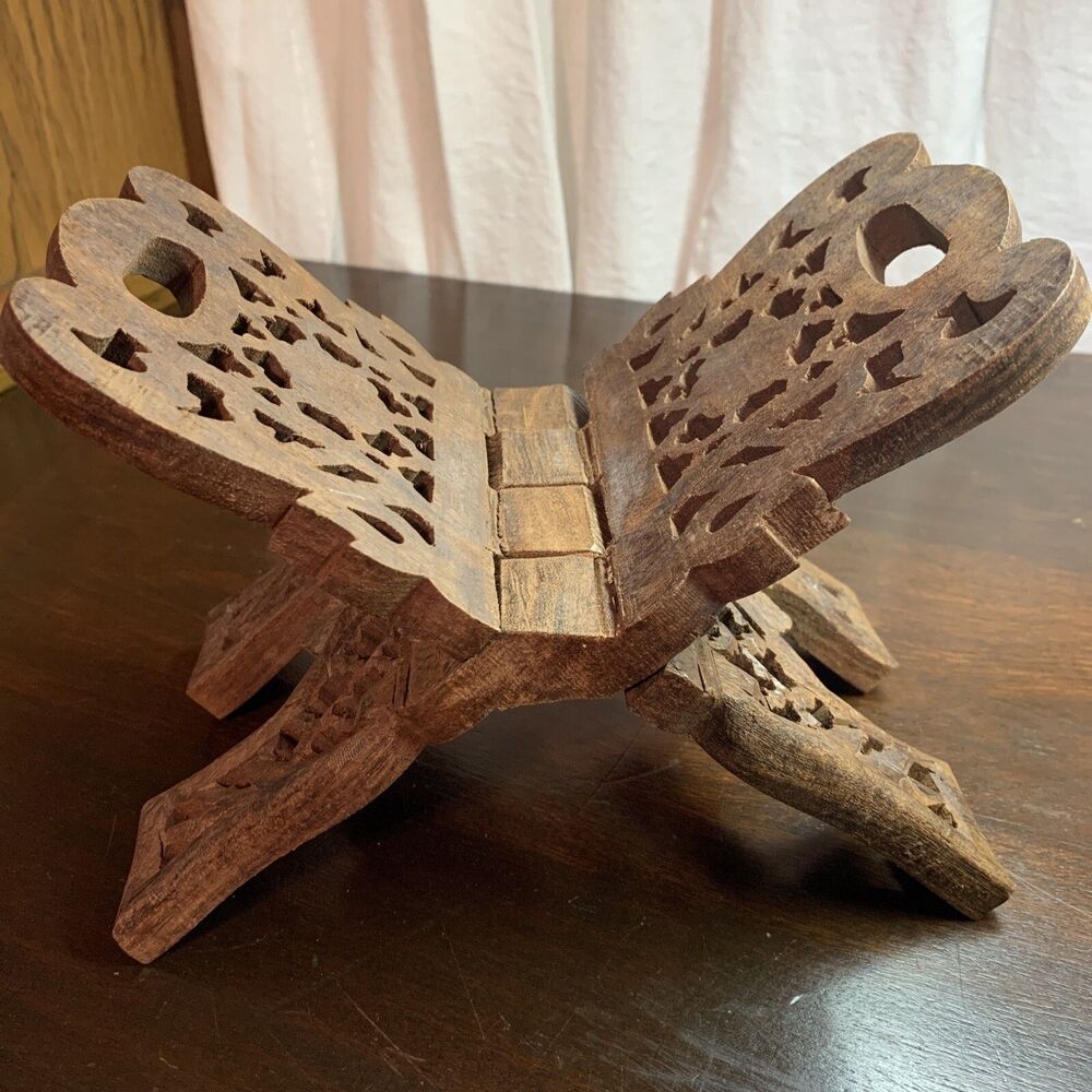 Vintage Wood Carved Bible/Book Holder Folding Stand Handcrafted